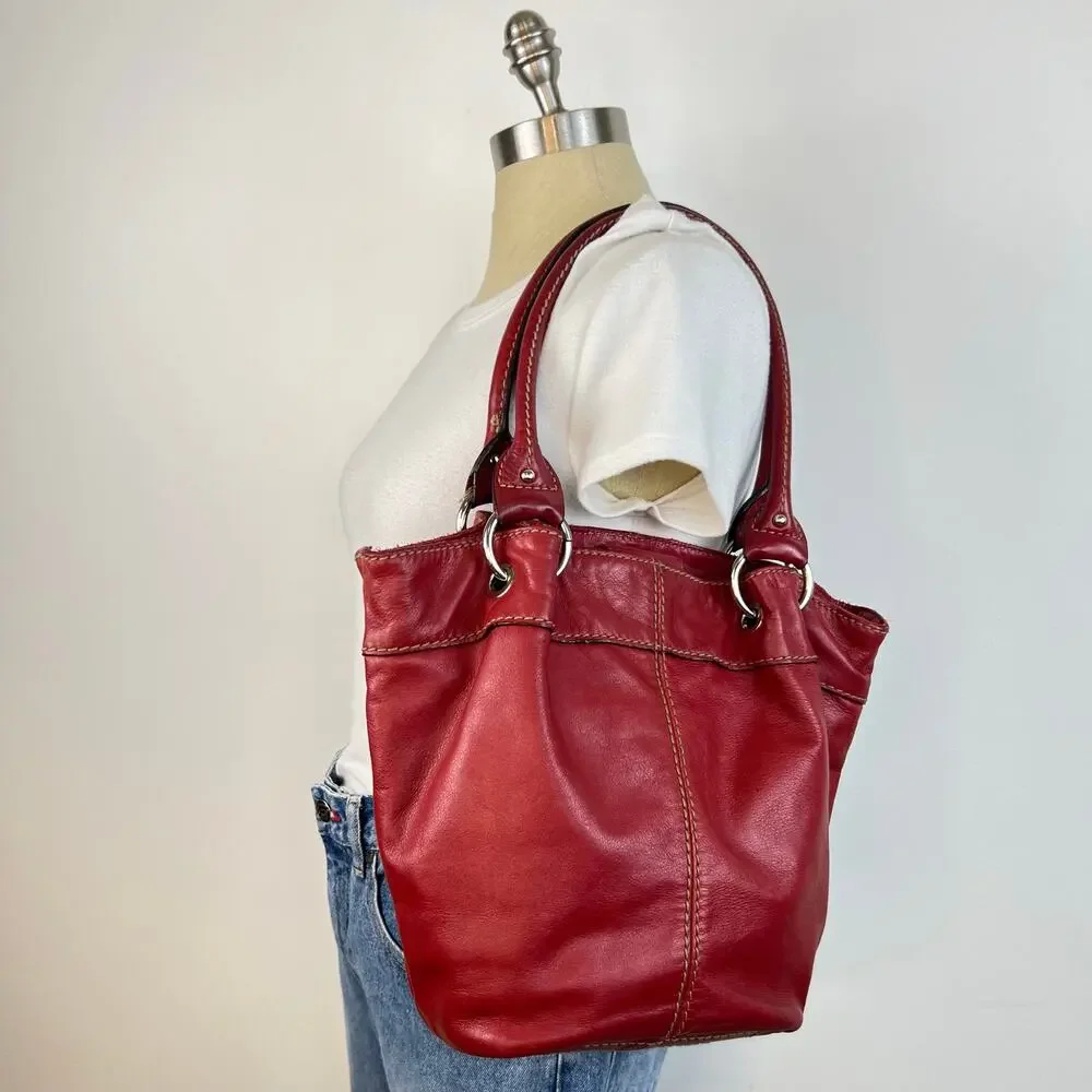 Vintage Tignanello Genuine Red Leather Stitched Silver Accents Shoulder Purse